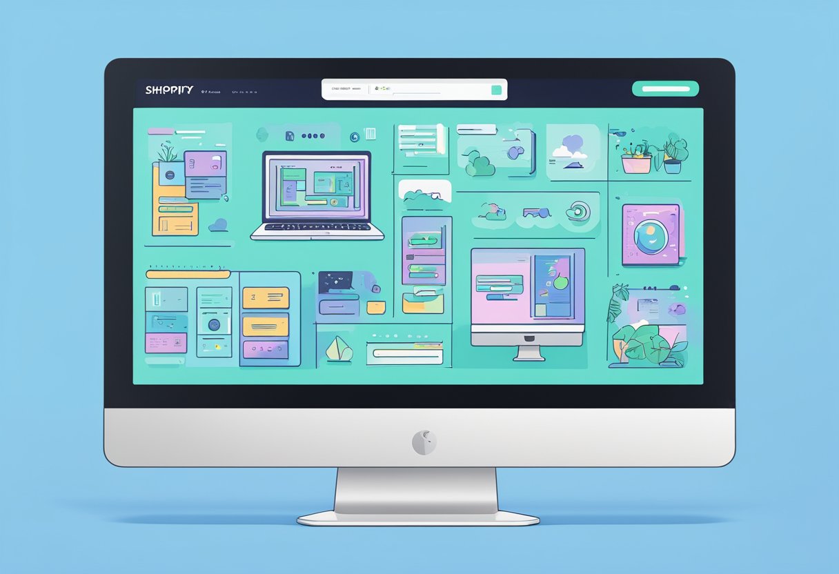 A computer screen displaying a customized Shopify Dawn theme with various design elements and color schemes
